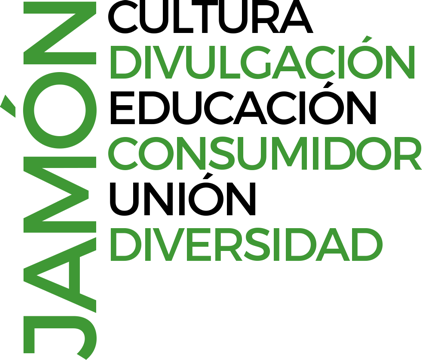 Letras de distinto tamaño donde la palabra jamón aparece en color verde y en posicion vertical, mientras que otros valores de agacuj aparecen al lado en horizontal alternando el color negro y verde en cada parlabra de la siguiente lista: cultura, diculgacion, eucación condumidor, unión, diversidad.