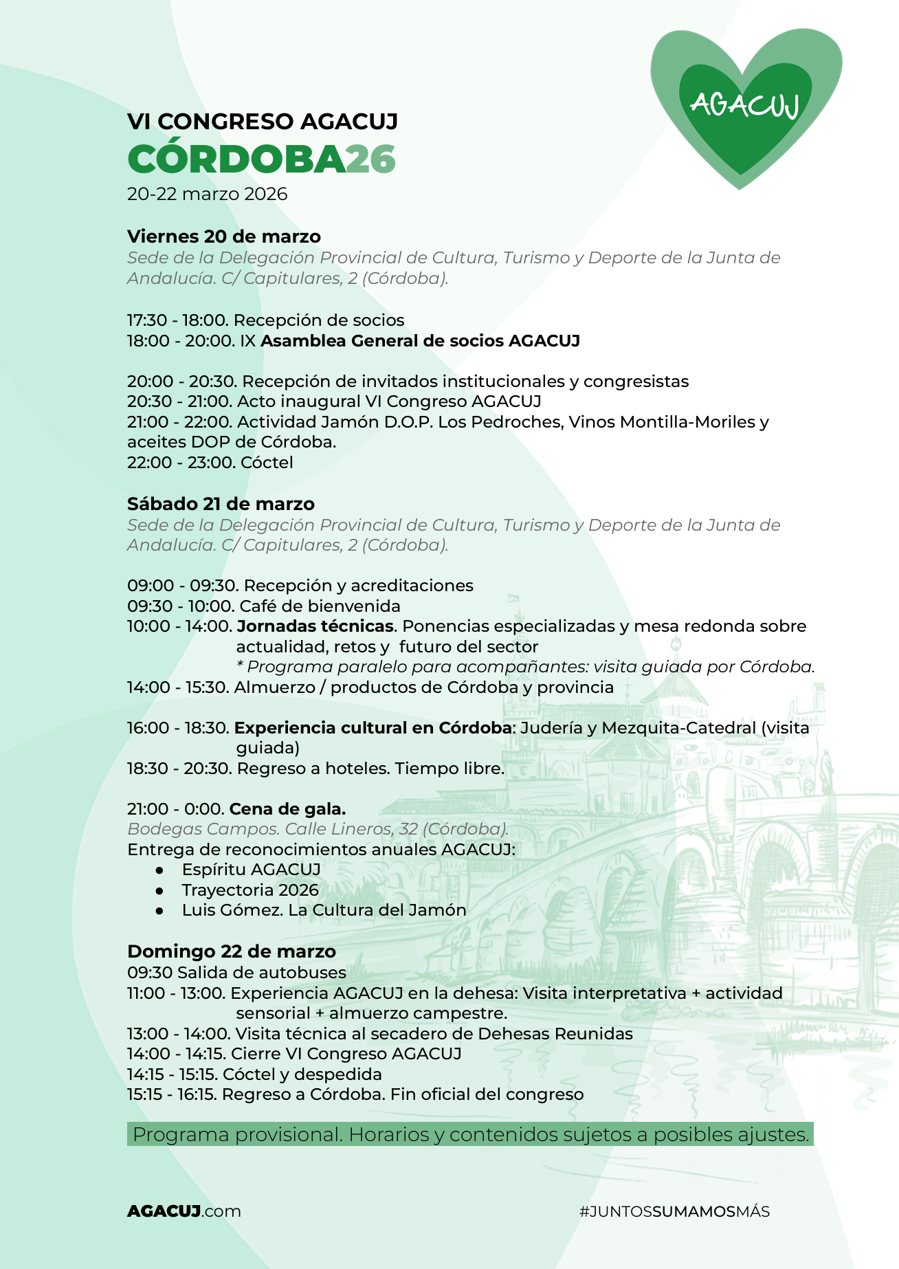 En la imagen se muestra la agenda de actividades el VI Congreso de la asociación AGACUJ